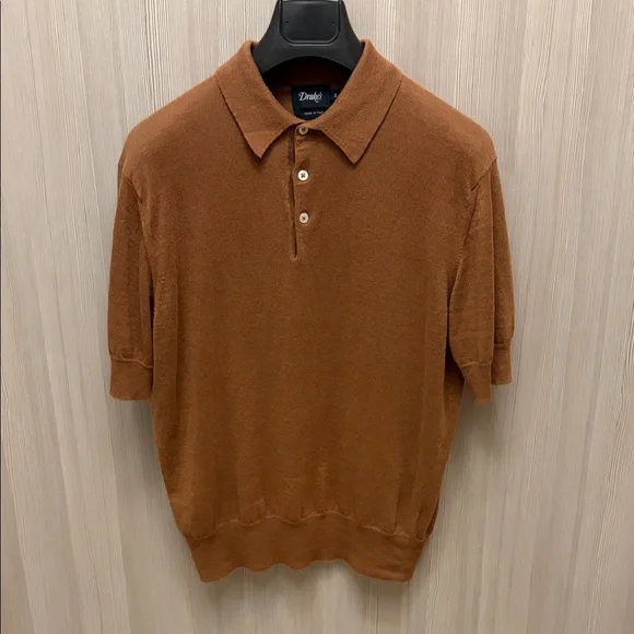 Drake's - Brown Knitted Linen-Cotton Short-Sleeve Polo Shirt - Size M - Picture 1 of 9